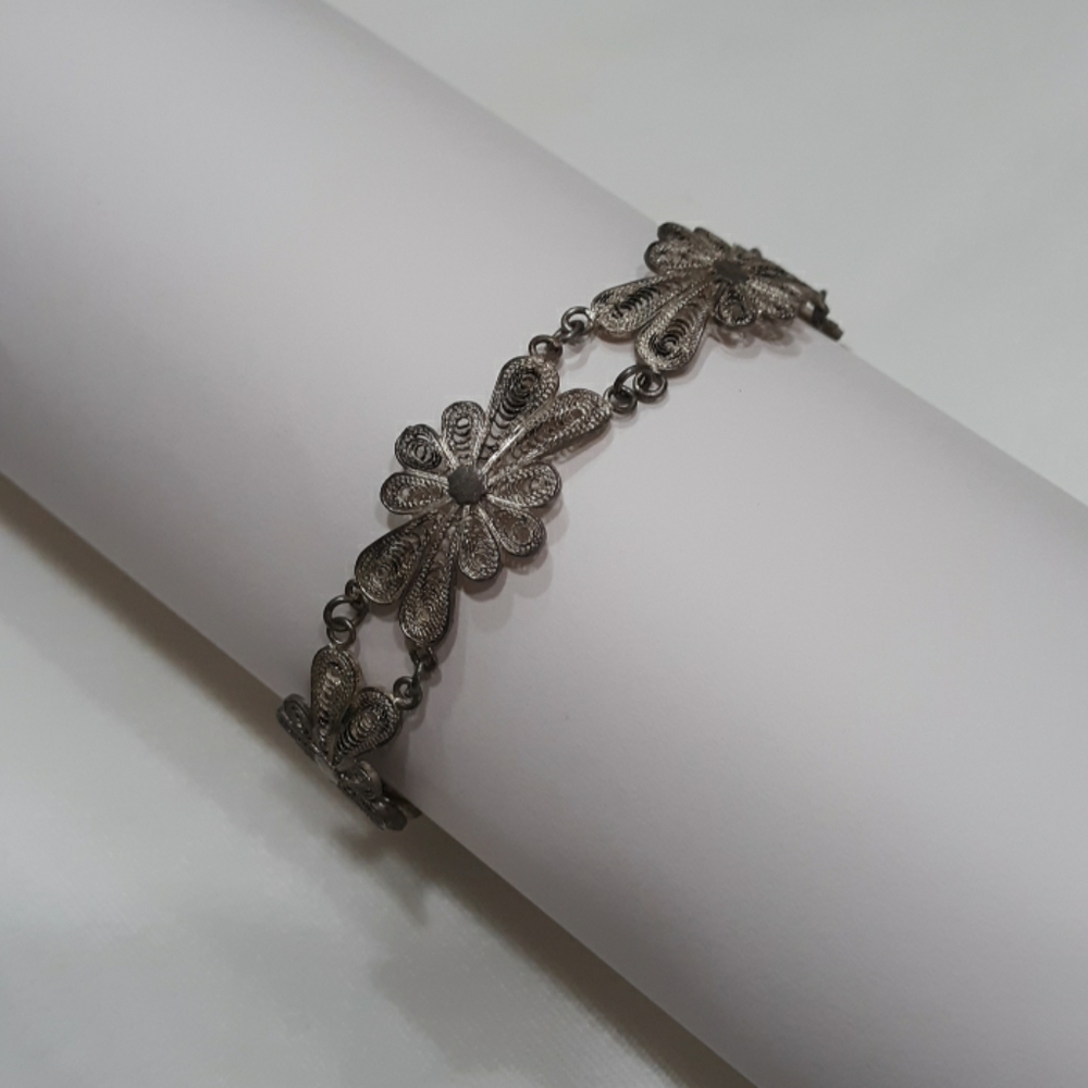 Vtg  Sterling Silver French Scroll Lace Bracelet